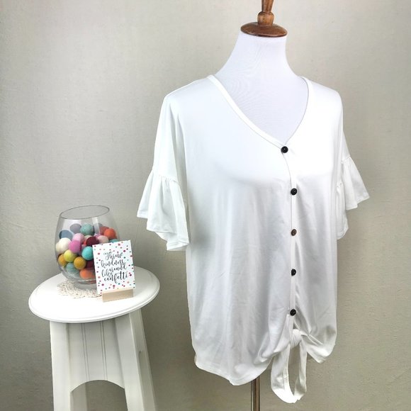 Reborn J White Button Up Tie Front Ruffle Short Sleeve Top - Picture 2 of 14
